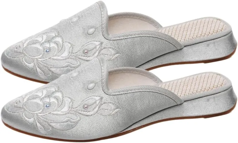 Premium Luxury Satin Silk Flower Embroidery All Seasons Comfort Women's House Slippers Non Slip Indoor Soft Home Slip On Shoes