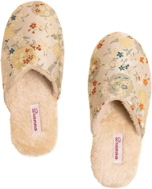 Premium Luxury Satin Silk Royal Embroidery All Seasons Comfort Women's House Slippers Furry Indoor Soft Home Slip On Shoes