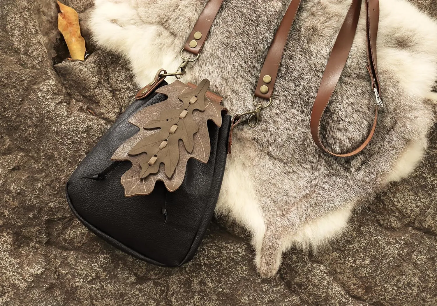 PROCOS Medieval Drawstring Faux Leather Shoulder Bag & Belt Pouch Renaissance Vintage Waist Pack Halloween Fairy ELF Cosplay (Black02)