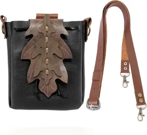 PROCOS Medieval Drawstring Faux Leather Shoulder Bag & Belt Pouch Renaissance Vintage Waist Pack Halloween Fairy ELF Cosplay (Black02)