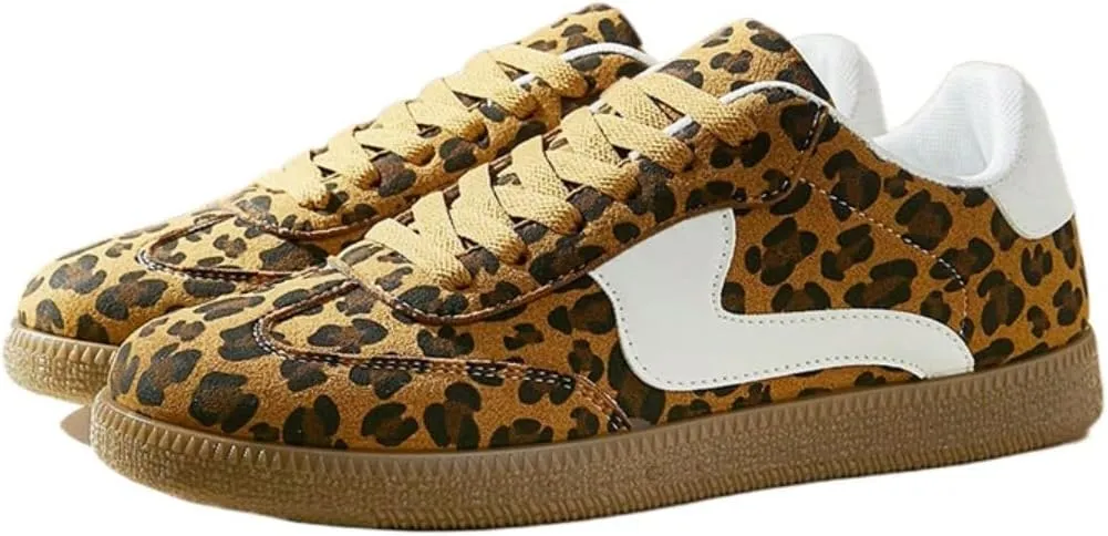 PU Leather Leopard Print Chunky Platform Sneakers for Women Casual Street Style German Trainer Look Plus Height Boost Design for Spring Summer and Fall Wear