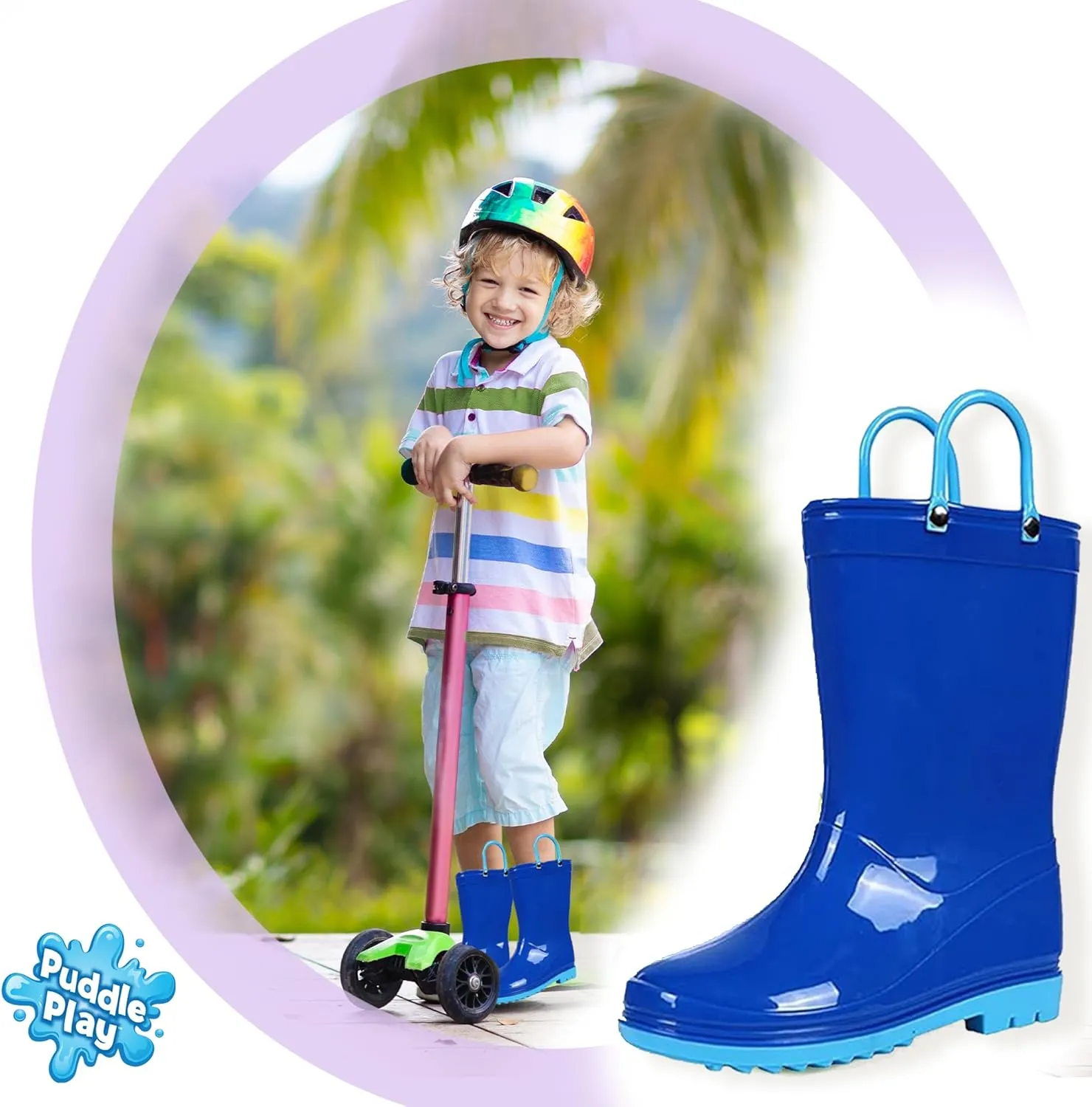 Puddle Play Toddler and Kids Waterproof PVC Rain Boots with Easy-On Handles – Lightweight Slip-Resistant Outdoor Boots for Boys and Girls
