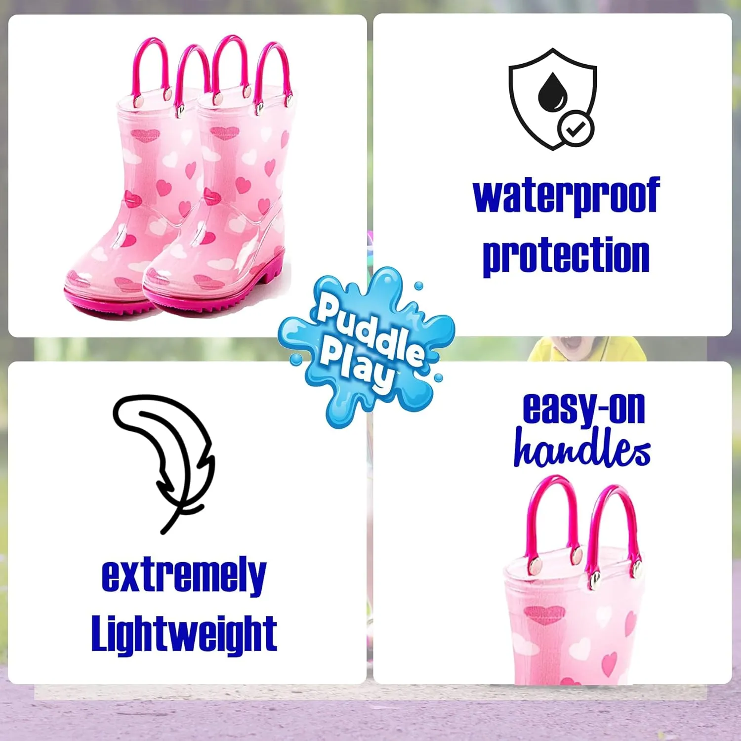 Puddle Play Toddler and Kids Waterproof PVC Rain Boots with Easy-On Handles – Lightweight Slip-Resistant Outdoor Boots for Boys and Girls