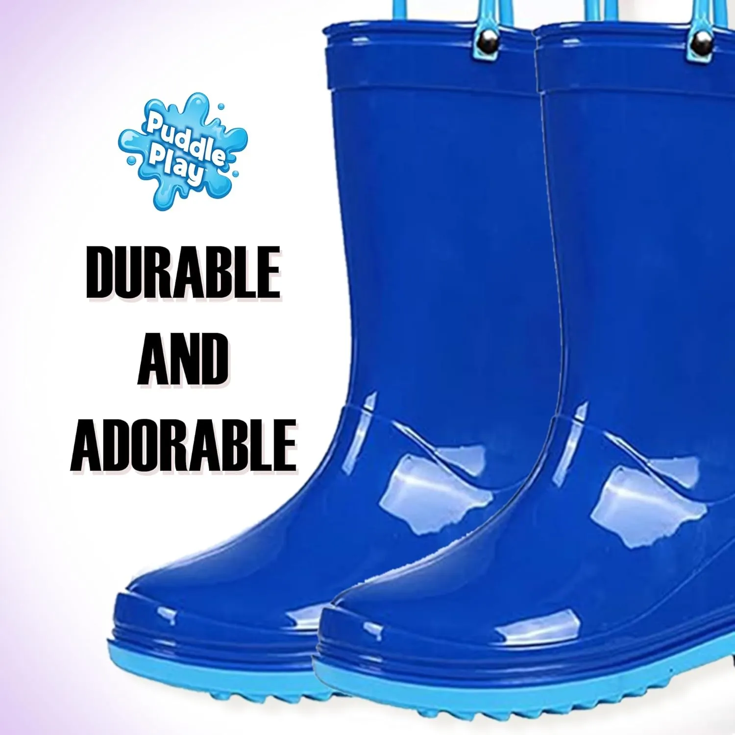 Puddle Play Toddler and Kids Waterproof PVC Rain Boots with Easy-On Handles – Lightweight Slip-Resistant Outdoor Boots for Boys and Girls