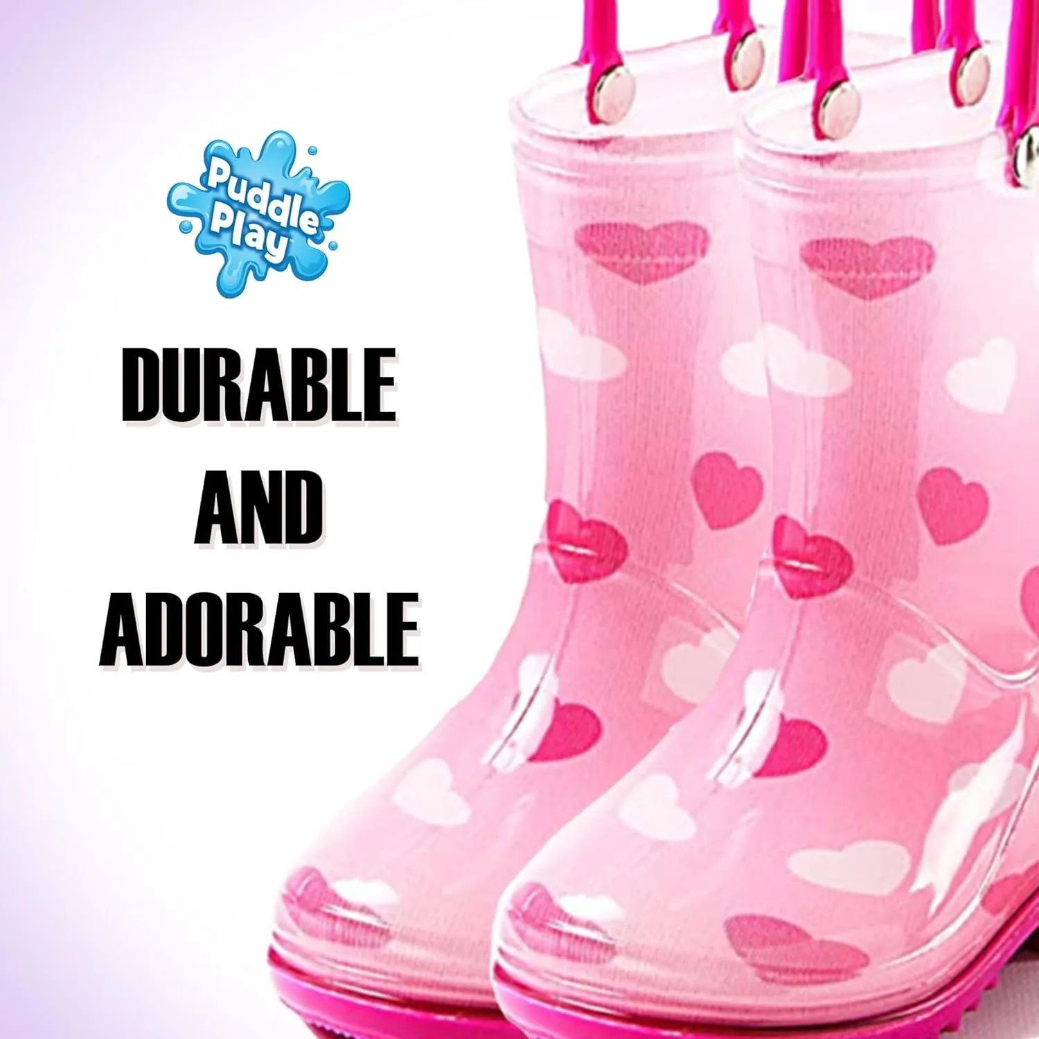 Puddle Play Toddler and Kids Waterproof PVC Rain Boots with Easy-On Handles – Lightweight Slip-Resistant Outdoor Boots for Boys and Girls
