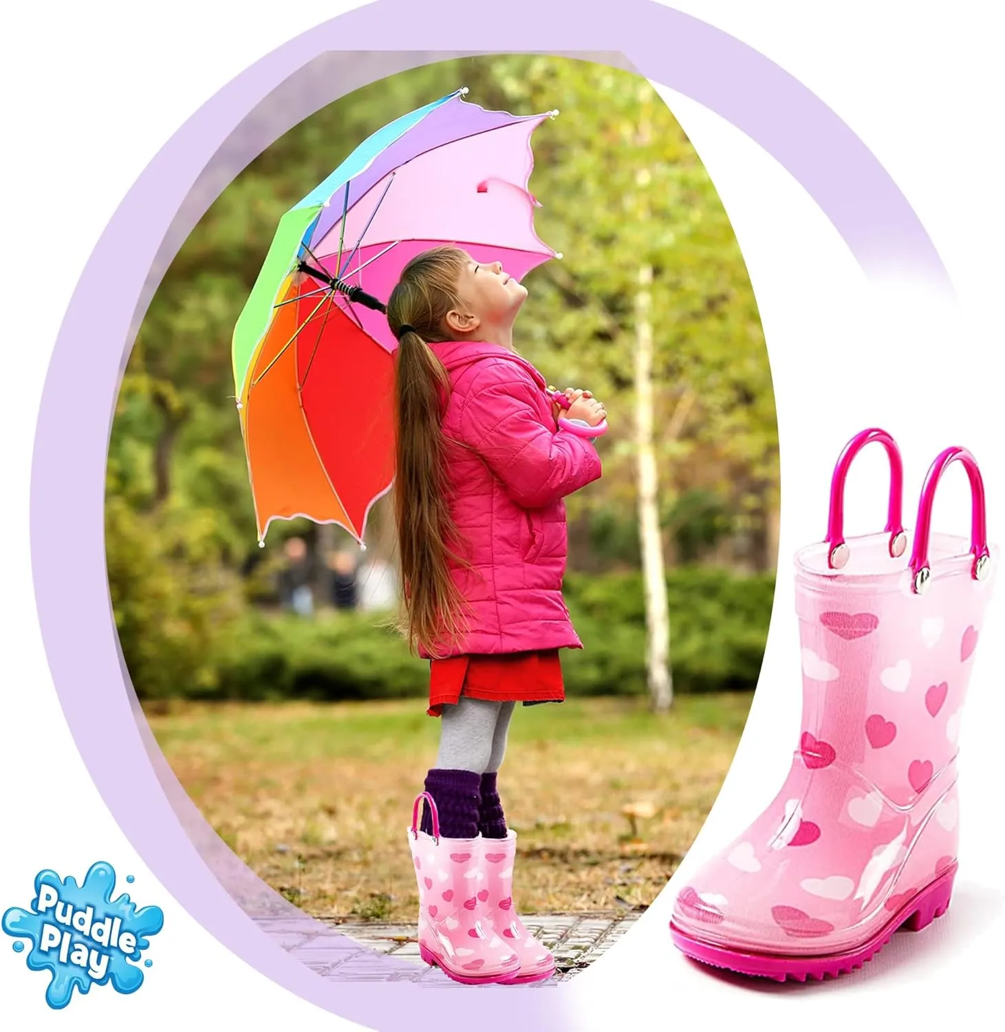 Puddle Play Toddler and Kids Waterproof PVC Rain Boots with Easy-On Handles – Lightweight Slip-Resistant Outdoor Boots for Boys and Girls