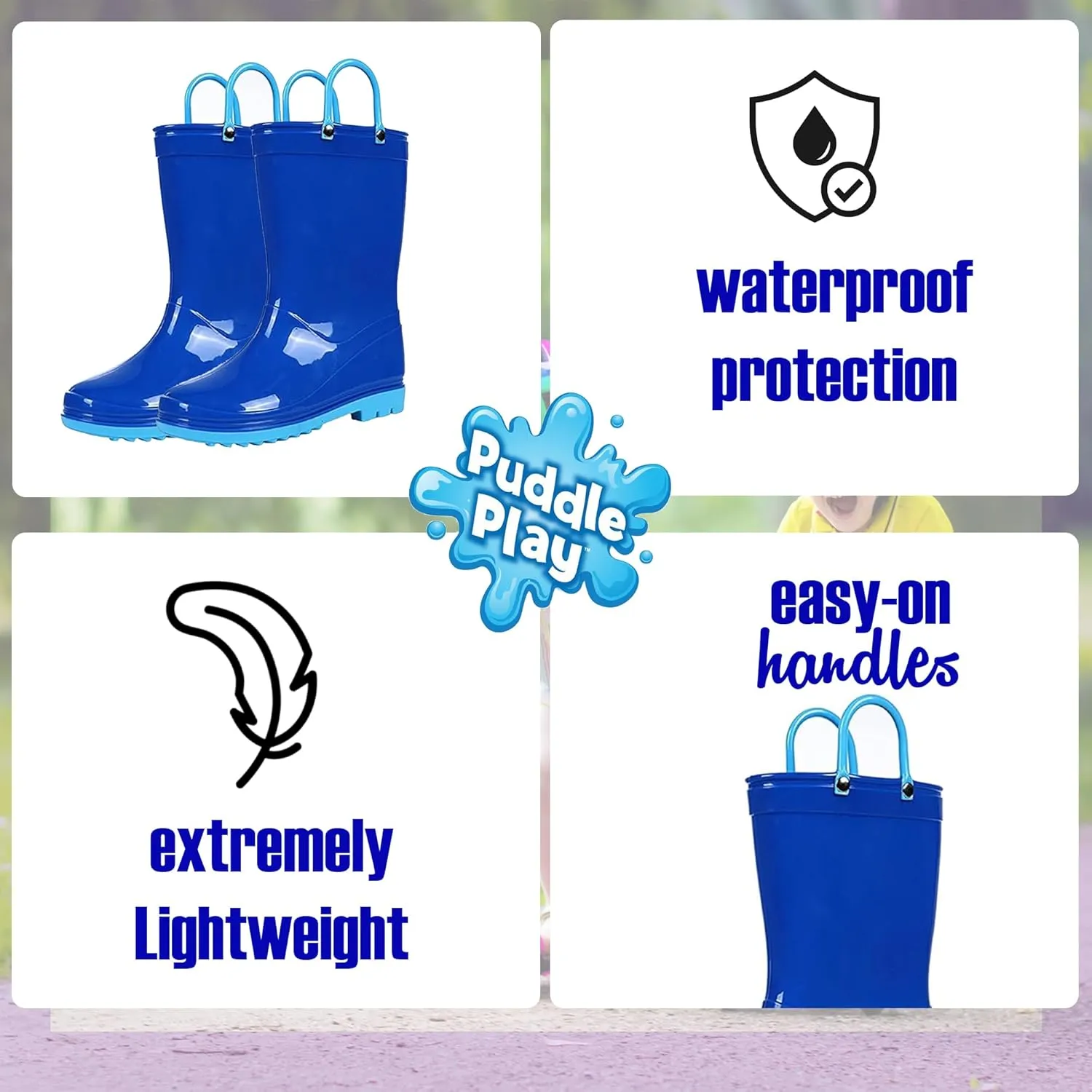 Puddle Play Toddler and Kids Waterproof PVC Rain Boots with Easy-On Handles – Lightweight Slip-Resistant Outdoor Boots for Boys and Girls