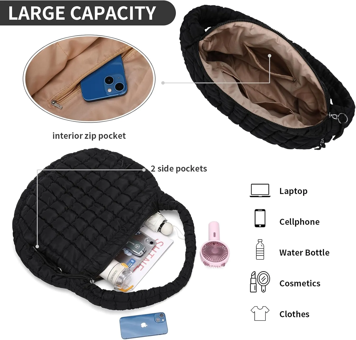 Puffer Tote Bag for Women Large Quilted Carryall Bag Soft Puffy Crossbody Lightweight Shoulder Handbags Work Travel