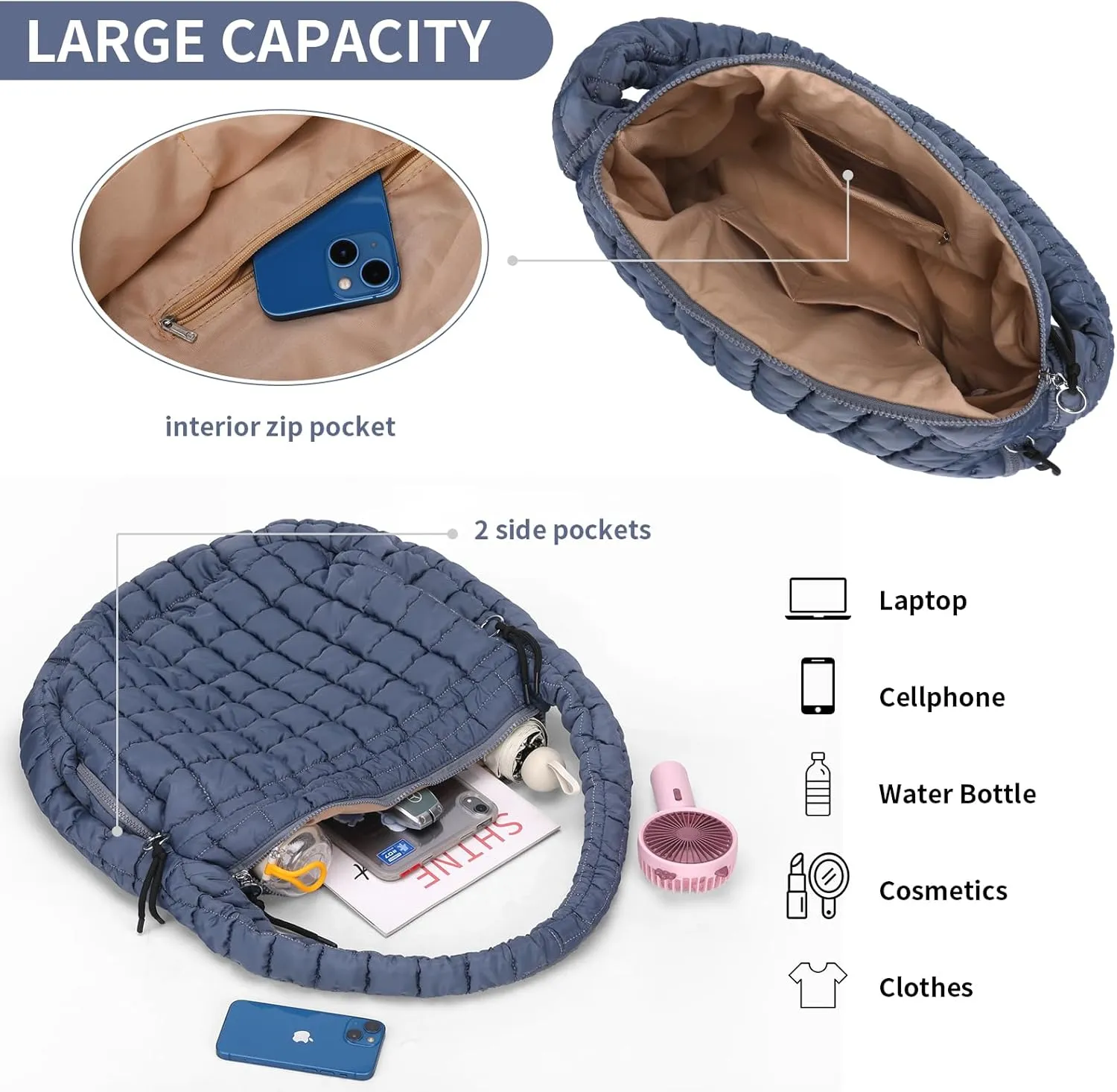 Puffer Tote Bag for Women - Large Quilted Crossbody Handbag - Lightweight Shoulder Hobo Bag - Soft Puffy Carryall