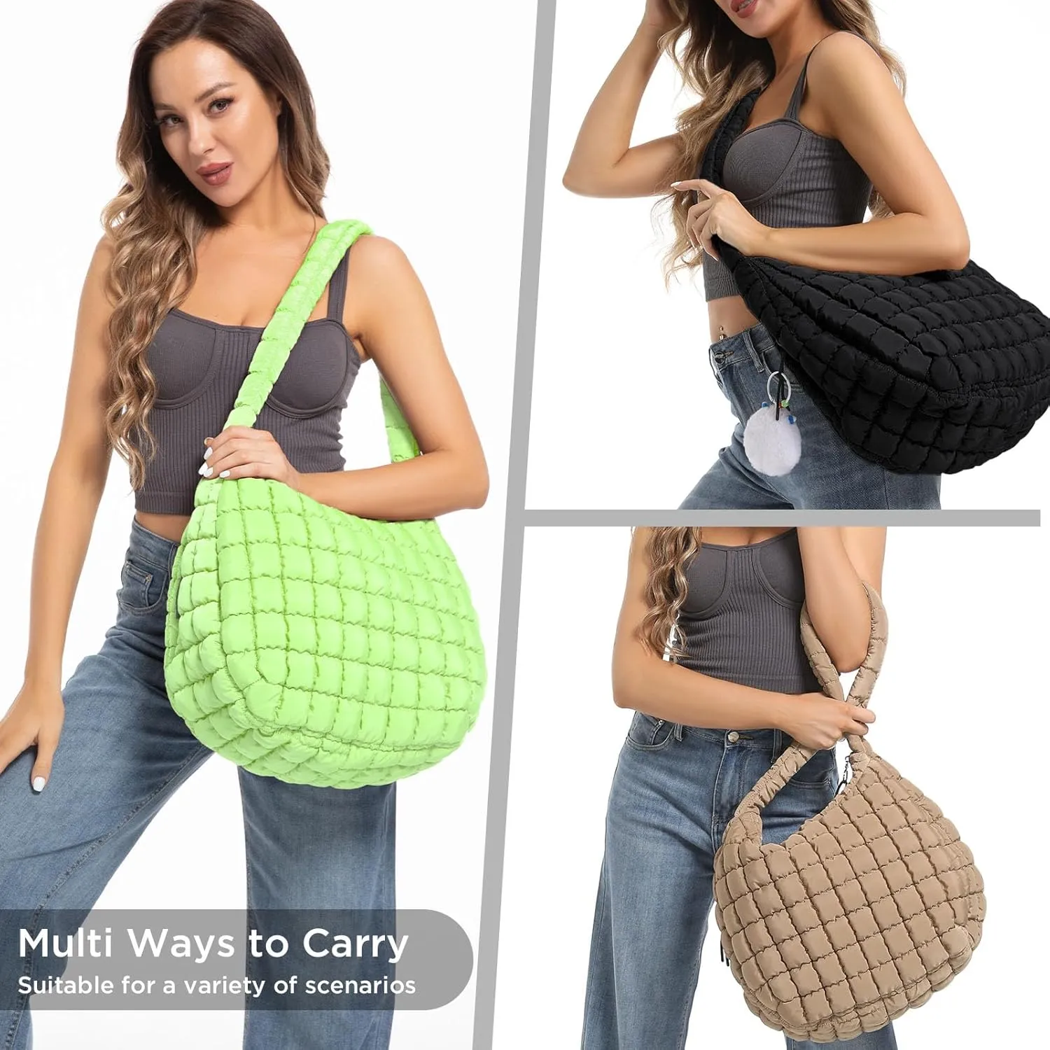 Puffer Tote Bag for Women Large Quilted Tote Bag Quilted Carryall Bag Soft Puffy Crossbody Bag Hobo Handbags Puff Purse