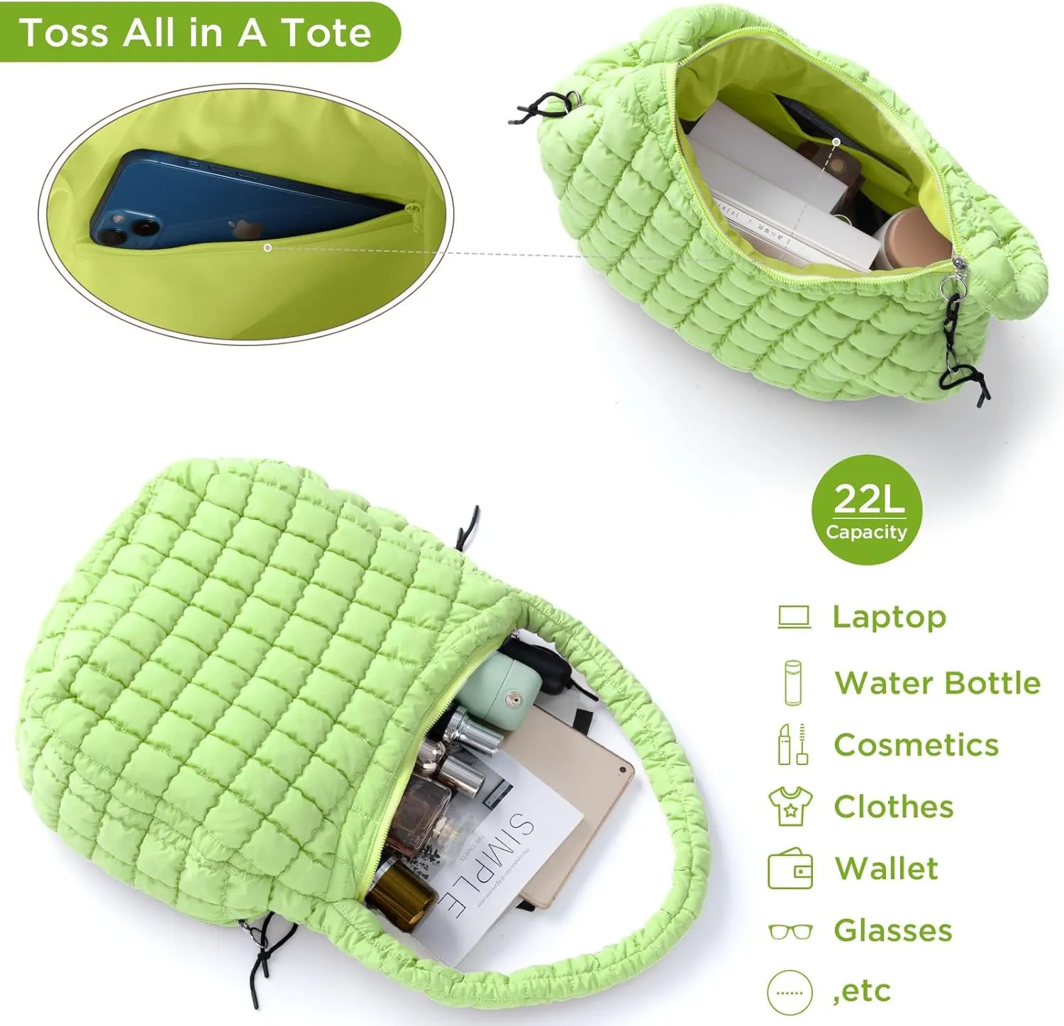 Puffer Tote Bag for Women Large Quilted Tote Bag Quilted Carryall Bag Soft Puffy Crossbody Bag Hobo Handbags Puff Purse