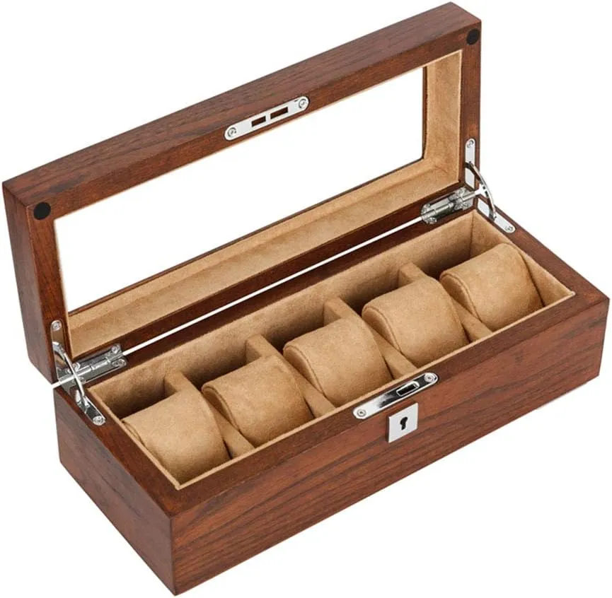 Pure Solid Wood Glass sunroof Five-Digit Mechanical Watch Jewelry Display Collection Storage Box Natural Wood Grain with Lock High-end Solid Wood (Leather Yellow/Dark Brown)