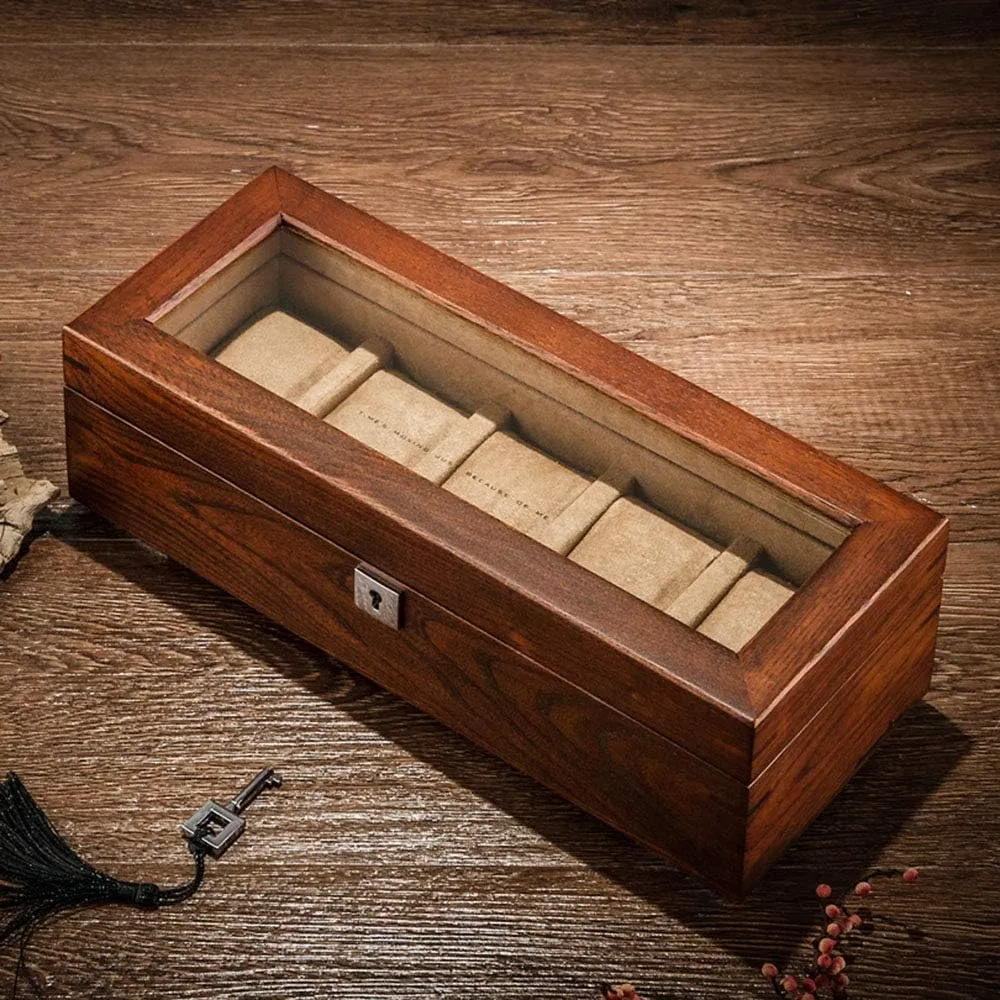 Pure Solid Wood Glass sunroof Five-Digit Mechanical Watch Jewelry Display Collection Storage Box Natural Wood Grain with Lock High-end Solid Wood (Leather Yellow/Dark Brown)