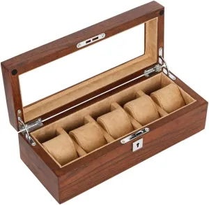 Pure Solid Wood Glass sunroof Five-Digit Mechanical Watch Jewelry Display Collection Storage Box Natural Wood Grain with Lock High-end Solid Wood (Leather Yellow/Dark Brown)