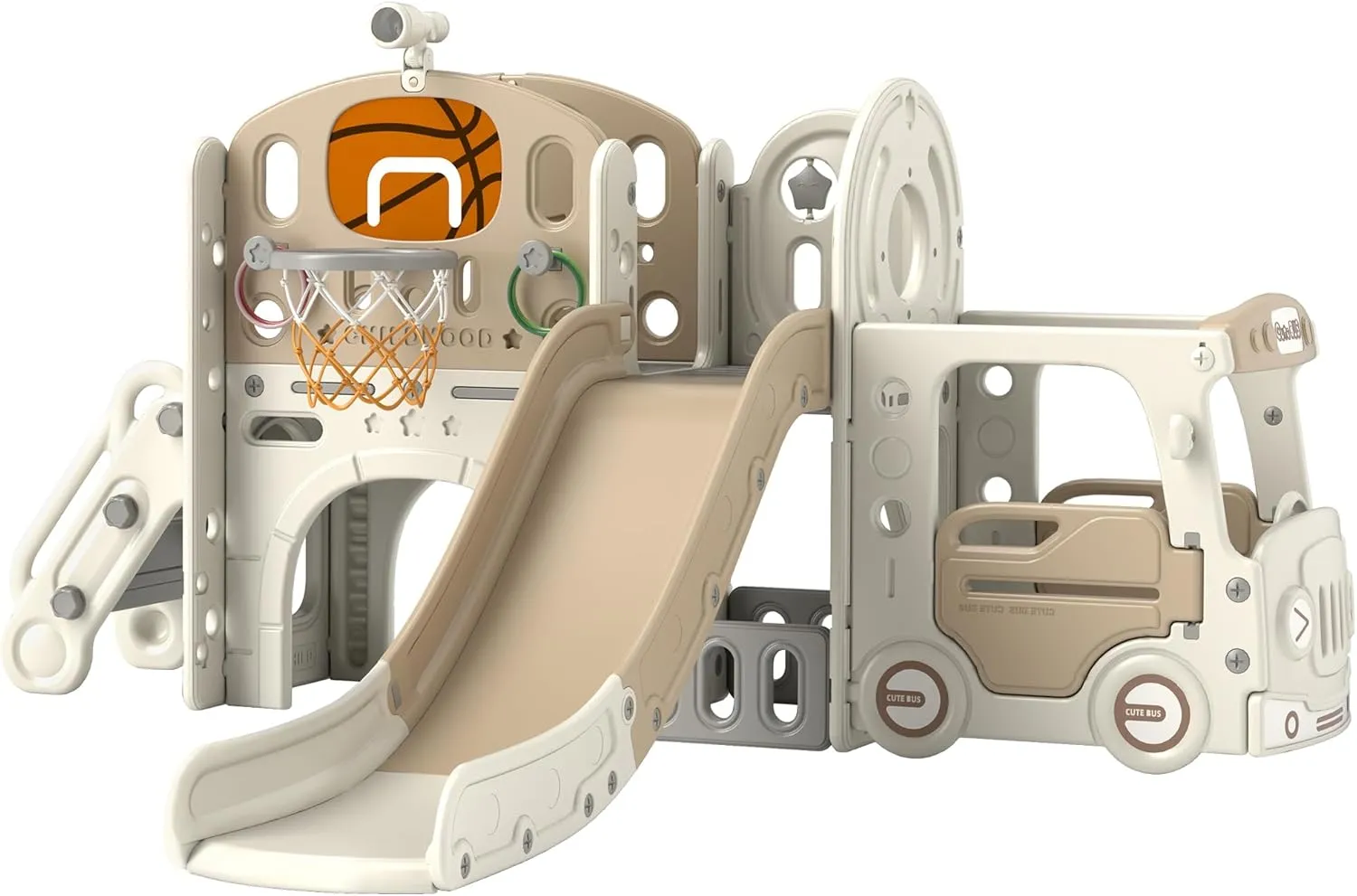 Qaba 9 in 1 Toddler Slide, Indoor Slide for Kids Ages 1-6, Car Themed Baby Slide with Basketball Hoop, Climber, Storage Space, Ring Toss, Telescope, Tunnel, Cream White