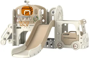 Qaba 9 in 1 Toddler Slide, Indoor Slide for Kids Ages 1-6, Car Themed Baby Slide with Basketball Hoop, Climber, Storage Space, Ring Toss, Telescope, Tunnel, Cream White