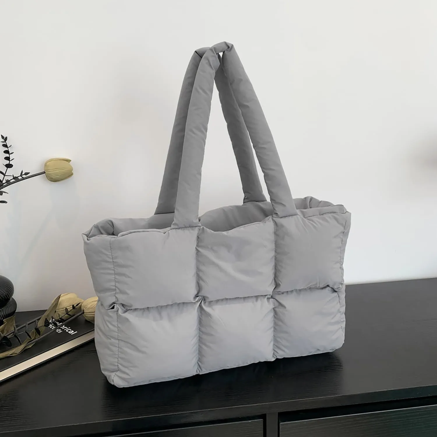 Quilted Puffer Tote Bag for Women Soft Puffy Handbags Purse Soft Lightweight Shoulder Bag