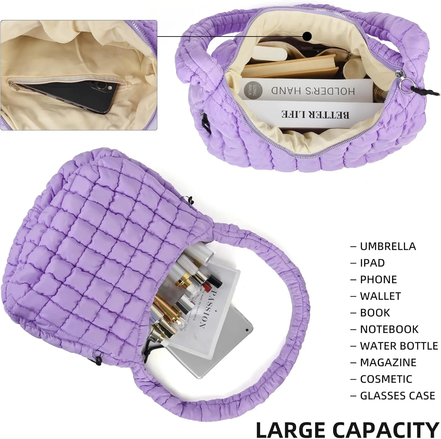 Quilted Puffer Tote Bag for Women Soft Puffy Large Hobo Crossbody Handbags Purse Lightweight Shoulder Bag