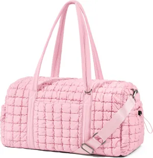 Quilted Travel Duffle Bag for Women Weekender Bag Large Puffer Overnight Bags Soft Puffy Duffel Bag Carry on Gym Bag Lightweight Personal Item Travel Bag for Trips Business Sport Airplane (Light Pink)