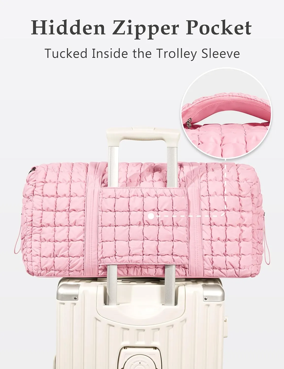 Quilted Travel Duffle Bag for Women Weekender Bag Large Puffer Overnight Bags Soft Puffy Duffel Bag Carry on Gym Bag Lightweight Personal Item Travel Bag for Trips Business Sport Airplane (Light Pink)