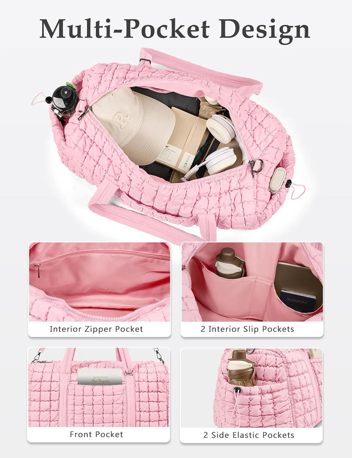 Quilted Travel Duffle Bag for Women Weekender Bag Large Puffer Overnight Bags Soft Puffy Duffel Bag Carry on Gym Bag Lightweight Personal Item Travel Bag for Trips Business Sport Airplane (Light Pink)