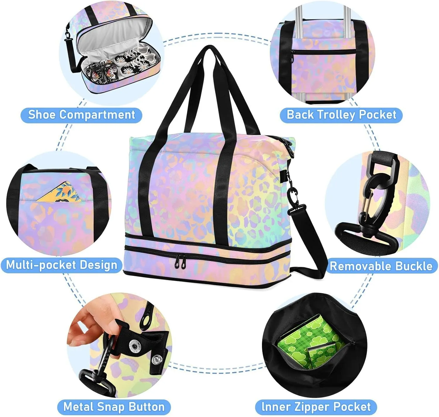 Rainbow Leopard Print Gym Bag for Women - Neon Sports Duffle Travel Tote with Toiletry & Shoes Compartment, Dry/Wet Separation Swim Bag