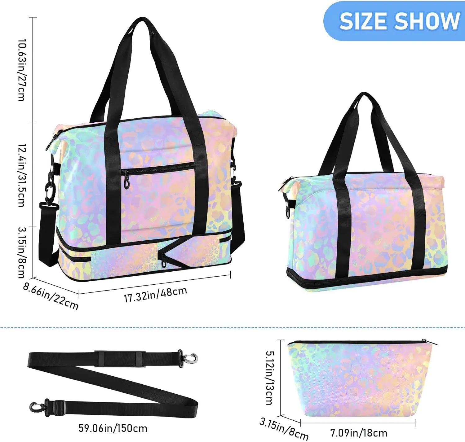Rainbow Leopard Print Gym Bag for Women - Neon Sports Duffle Travel Tote with Toiletry & Shoes Compartment, Dry/Wet Separation Swim Bag