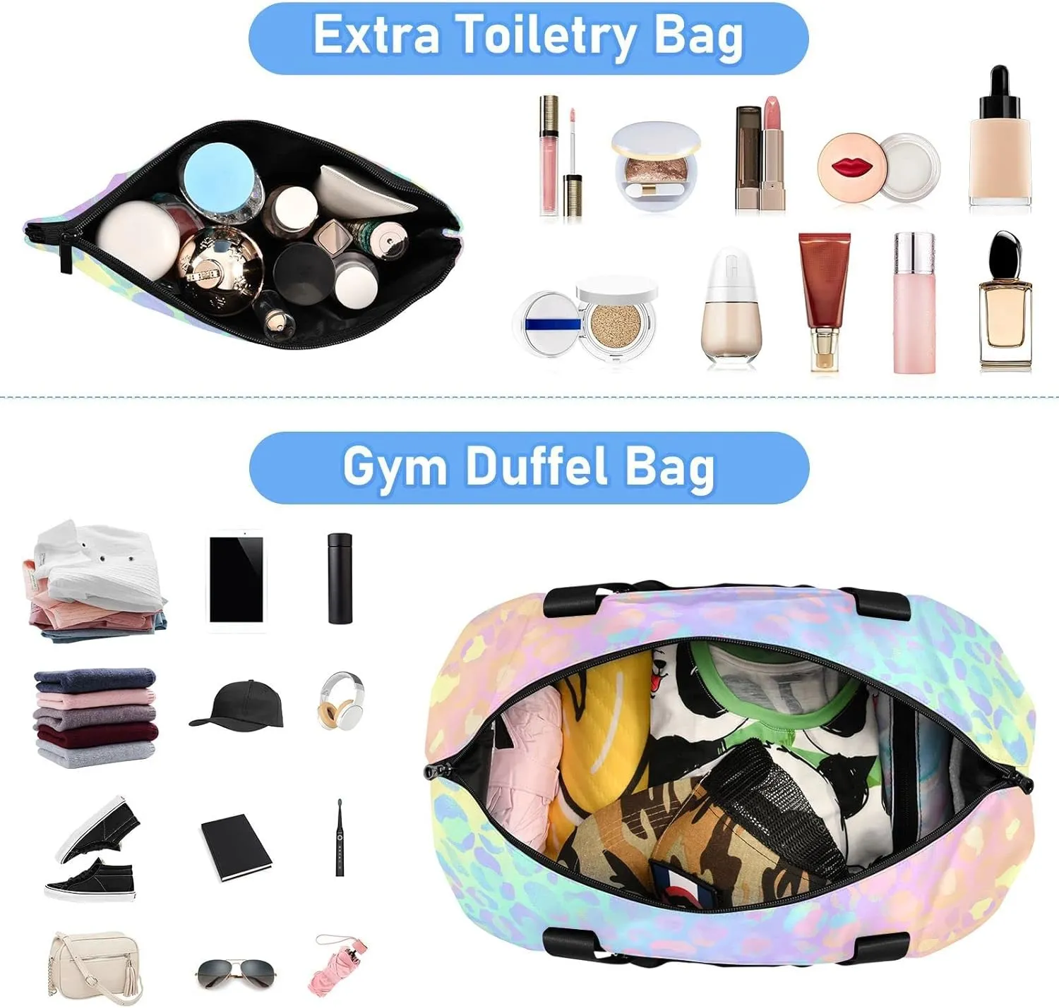 Rainbow Leopard Print Gym Bag for Women - Neon Sports Duffle Travel Tote with Toiletry & Shoes Compartment, Dry/Wet Separation Swim Bag