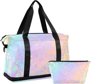 Rainbow Leopard Print Gym Bag for Women - Neon Sports Duffle Travel Tote with Toiletry & Shoes Compartment, Dry/Wet Separation Swim Bag