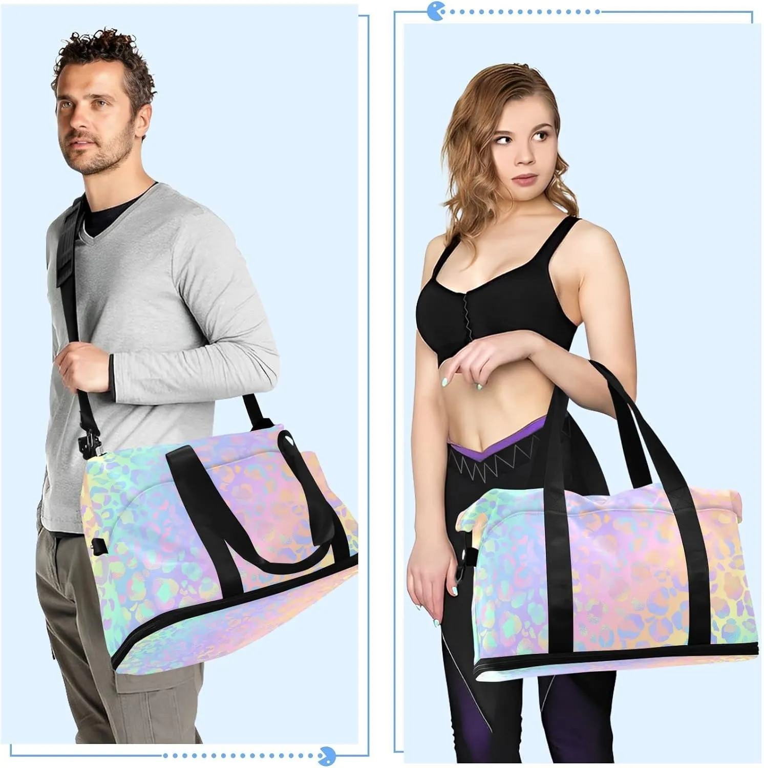 Rainbow Leopard Print Gym Bag for Women - Neon Sports Duffle Travel Tote with Toiletry & Shoes Compartment, Dry/Wet Separation Swim Bag