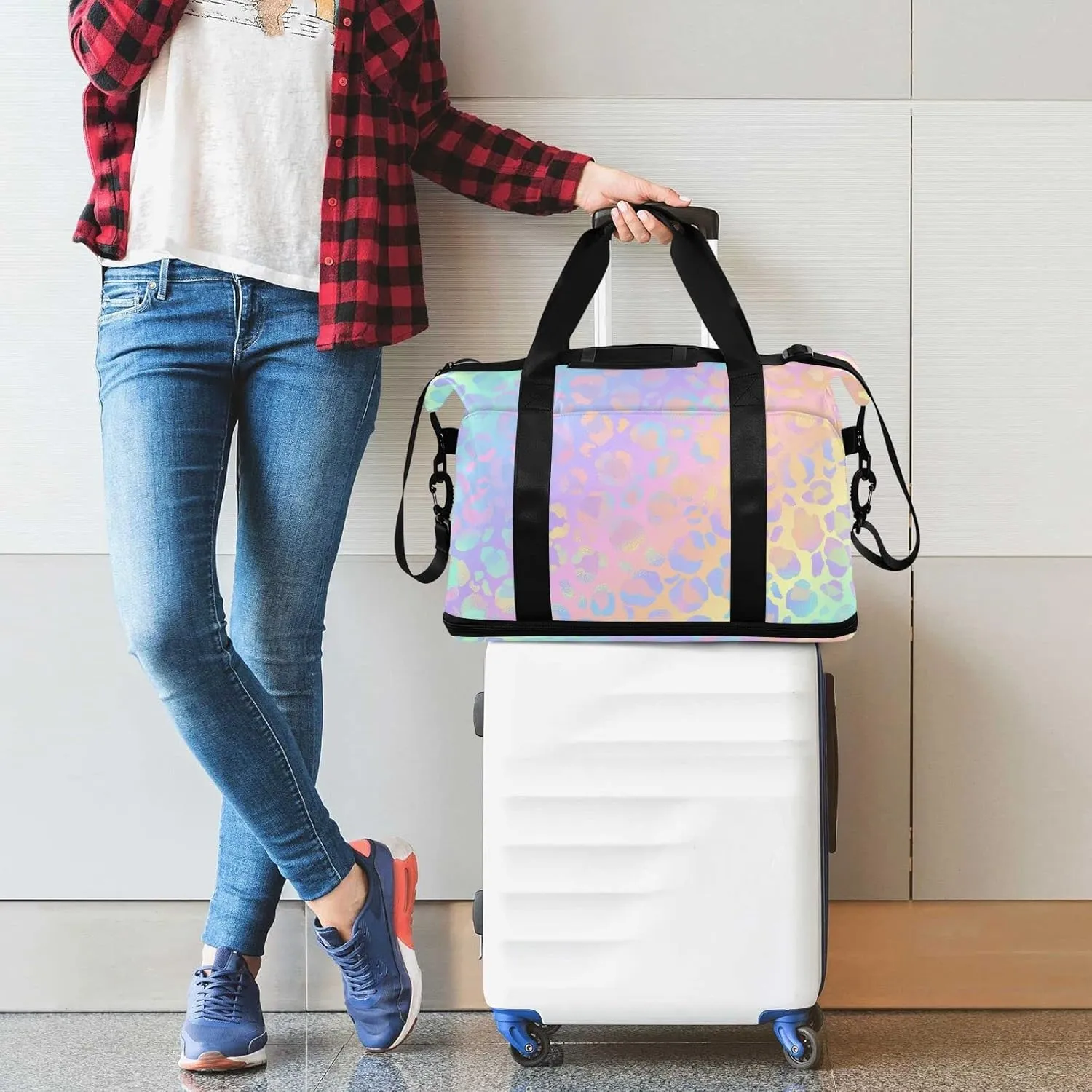Rainbow Leopard Print Gym Bag for Women - Neon Sports Duffle Travel Tote with Toiletry & Shoes Compartment, Dry/Wet Separation Swim Bag