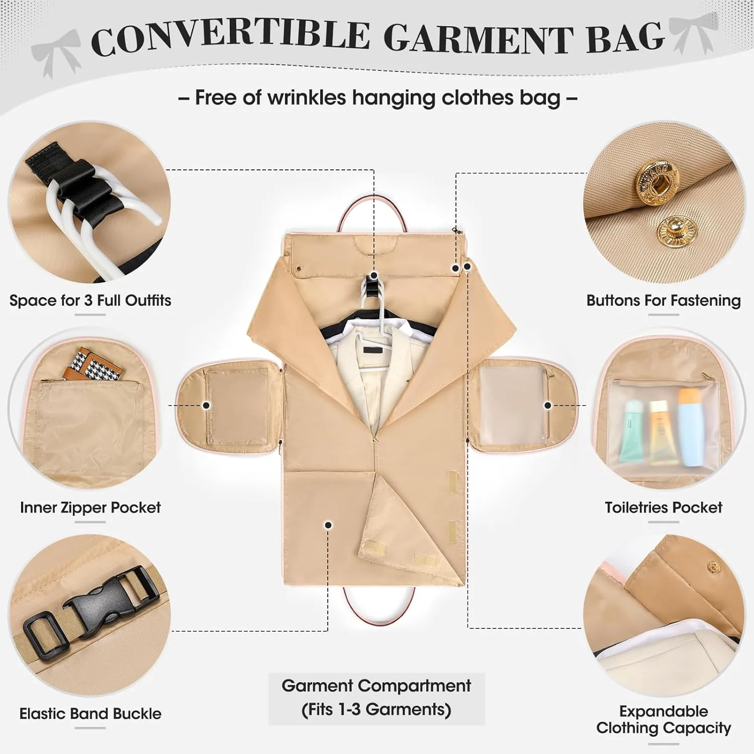 RAINSMORE Garment Bags for Travel Women Leather Convertible Garment Duffle Bag With Shoe Pouch,Large Carry On Garment Bag Dress Suit Business Travel Bags Pink