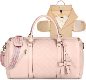 RAINSMORE Garment Bags for Travel Women Leather Convertible Garment Duffle Bag With Shoe Pouch,Large Carry On Garment Bag Dress Suit Business Travel Bags Pink