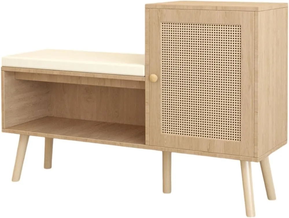 Rattan Shoe Storage Bench, 2-in-1 Entryway Shoe Bench with Padded Seat Cushion and Adjustable Shelves, Modern Shoe Storage Cabinet Organizer for Entrance, Hallway, Living Room, Bedroom