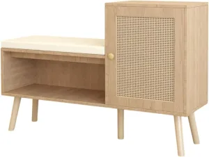 Rattan Shoe Storage Bench, 2-in-1 Entryway Shoe Bench with Padded Seat Cushion and Adjustable Shelves, Modern Shoe Storage Cabinet Organizer for Entrance, Hallway, Living Room, Bedroom