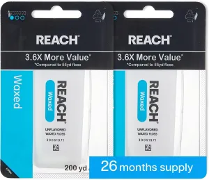 REACH Waxed Dental Floss, Unflavored, 3.6X More Value, Plaque Remover for Teeth, Shred Resistant, Floss Slides Smoothly, Easy to Use, Waxed, Oral Care, PFAS Free, for Adults & Kids, 2 Pack, 200 yd