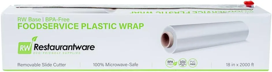 Restaurantware RW Base 18 Inch x 2000 Feet Cling Wrap 1 Roll Microwavable Cling Film - With Removable Slide-Cutter Clear Plastic Food Wrapping Film Securely Seal And Keep Food Fresh
