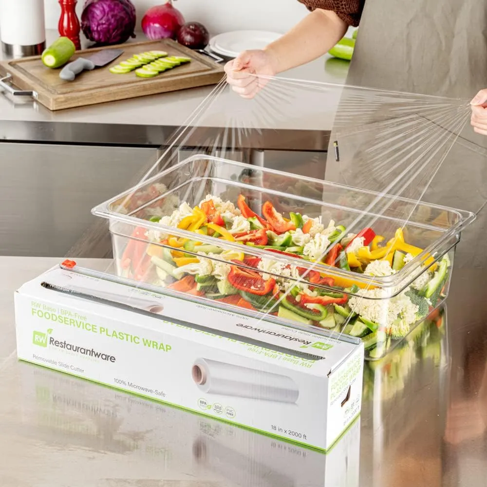 Restaurantware RW Base 18 Inch x 2000 Feet Cling Wrap 1 Roll Microwavable Cling Film - With Removable Slide-Cutter Clear Plastic Food Wrapping Film Securely Seal And Keep Food Fresh