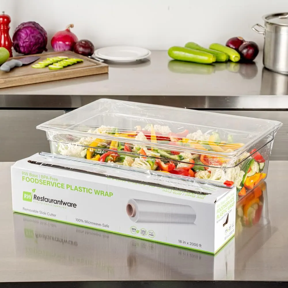 Restaurantware RW Base 18 Inch x 2000 Feet Cling Wrap 1 Roll Microwavable Cling Film - With Removable Slide-Cutter Clear Plastic Food Wrapping Film Securely Seal And Keep Food Fresh