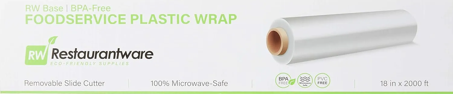 Restaurantware RW Base 18 Inch x 2000 Feet Cling Wrap 1 Roll Microwavable Cling Film - With Removable Slide-Cutter Clear Plastic Food Wrapping Film Securely Seal And Keep Food Fresh