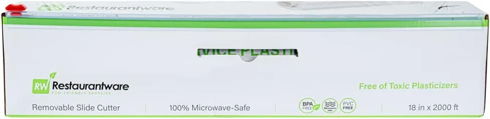Restaurantware RW Base 18 Inch x 2000 Feet Cling Wrap 1 Roll Microwavable Cling Film - With Removable Slide-Cutter Clear Plastic Food Wrapping Film Securely Seal And Keep Food Fresh