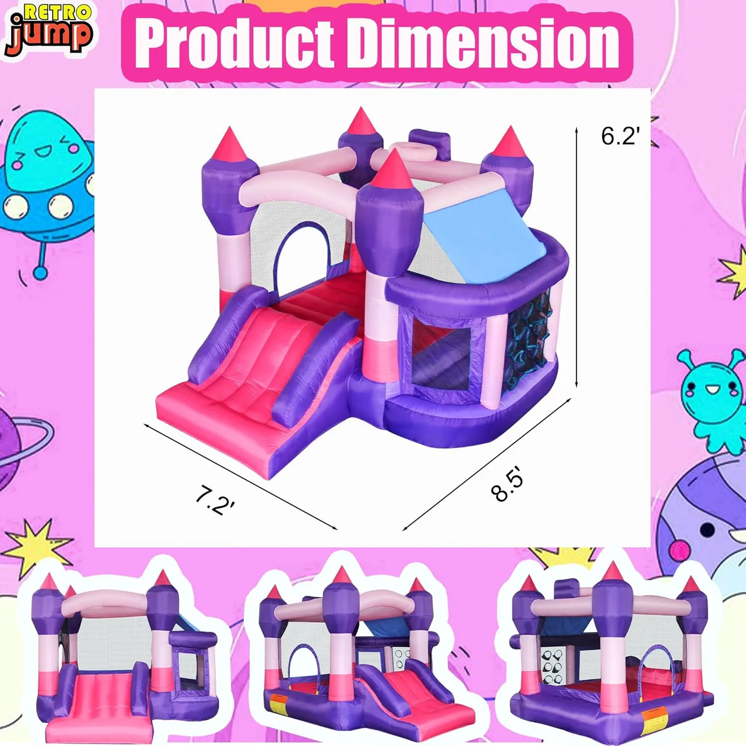 RETRO JUMP Bounce House,Bouncy Castle for Kids,Inflatable Bounce House Outdoor,Inflatable Bouncer with Blower,Bouncing Ball Pit & Basketball Rim,Ocean Balls,Stakes,Repair Kits,Storage Bag Included