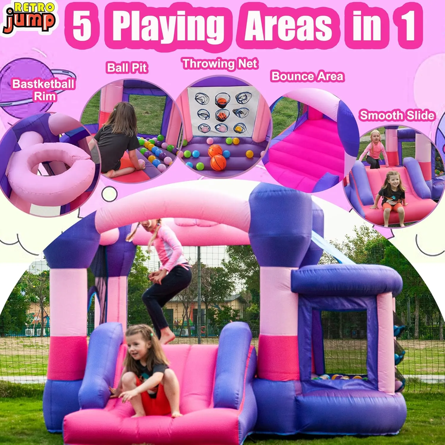 RETRO JUMP Bounce House,Bouncy Castle for Kids,Inflatable Bounce House Outdoor,Inflatable Bouncer with Blower,Bouncing Ball Pit & Basketball Rim,Ocean Balls,Stakes,Repair Kits,Storage Bag Included