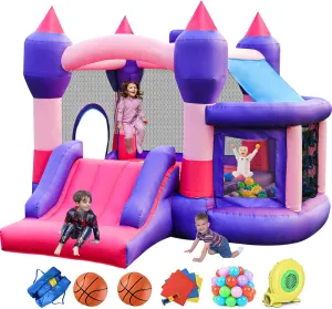 RETRO JUMP Bounce House,Bouncy Castle for Kids,Inflatable Bounce House Outdoor,Inflatable Bouncer with Blower,Bouncing Ball Pit & Basketball Rim,Ocean Balls,Stakes,Repair Kits,Storage Bag Included