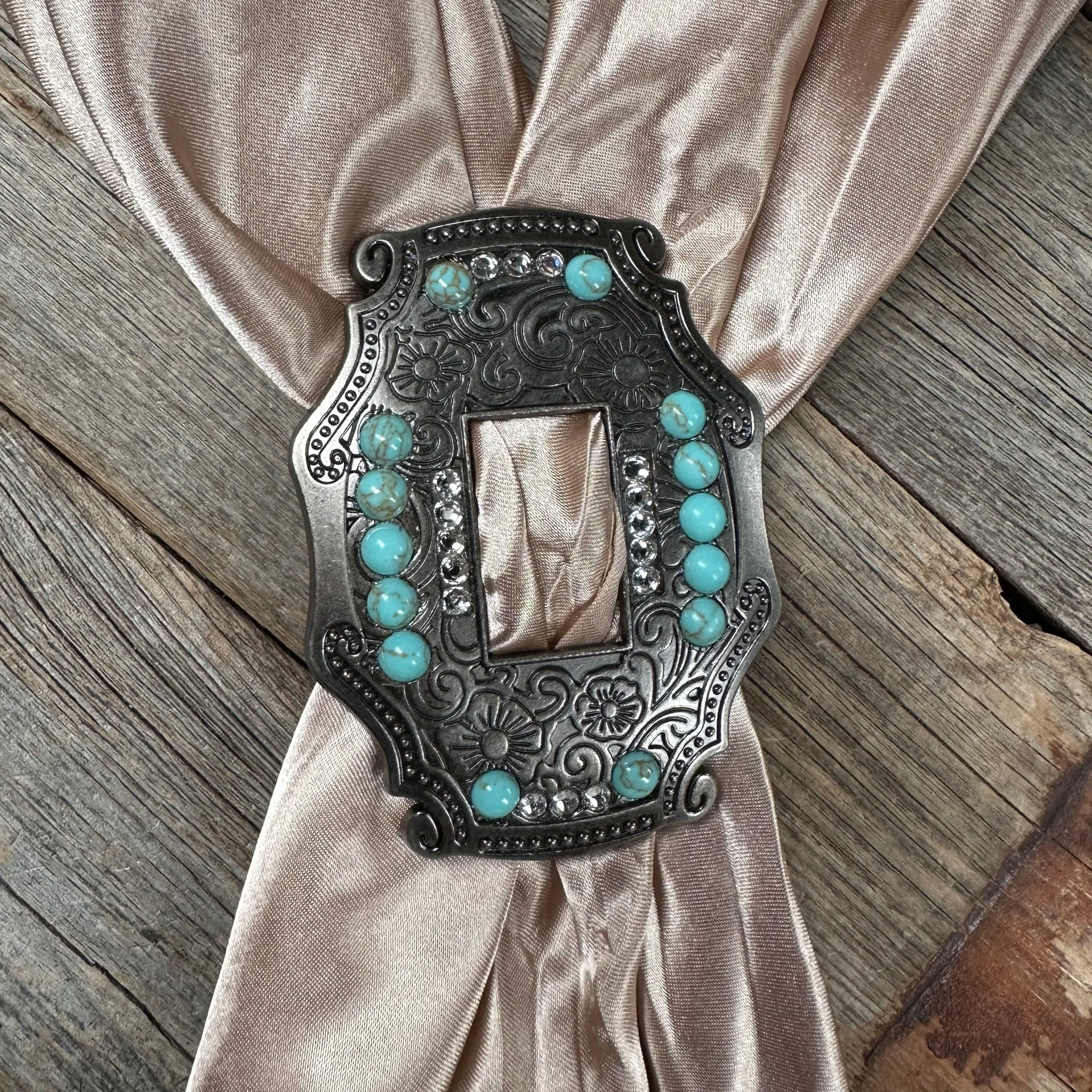 Rhinestone and Turquoise Buckle Scarf Slide-Silver and Copper