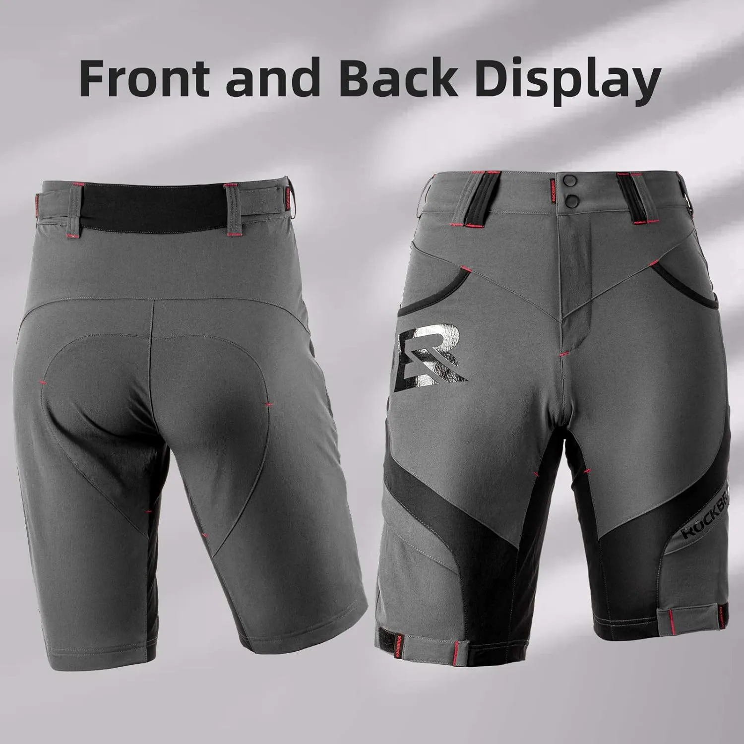 ROCK BROS Men’s Mountain Bike Shorts with Detachable 4D Padded Liner, Hook-&-Loop Waist & Zipper Pocket Lightweight Baggy