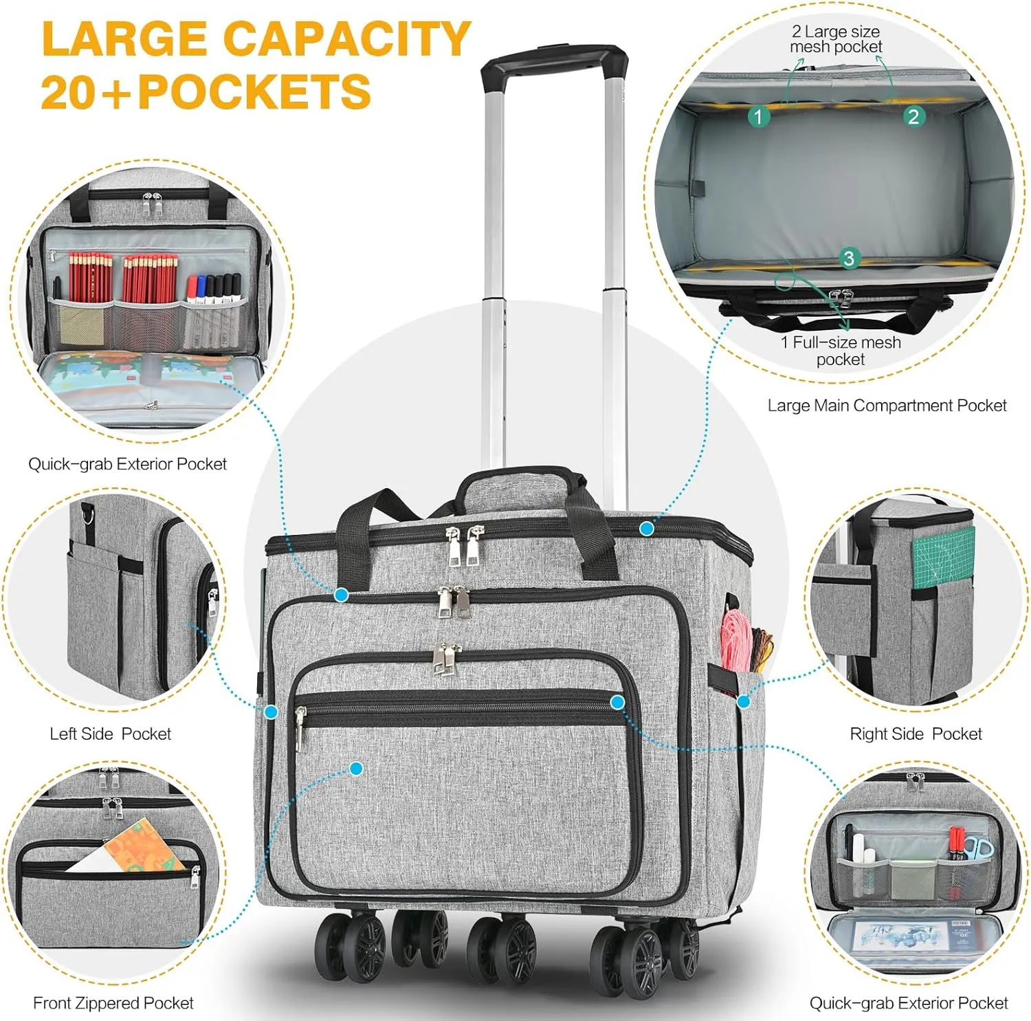 Rolling Tote Bag for Women Teacher Bag Rolling Cart Briefcase with Wheels Carry on Wheeled Bag for Work,Office,Craft