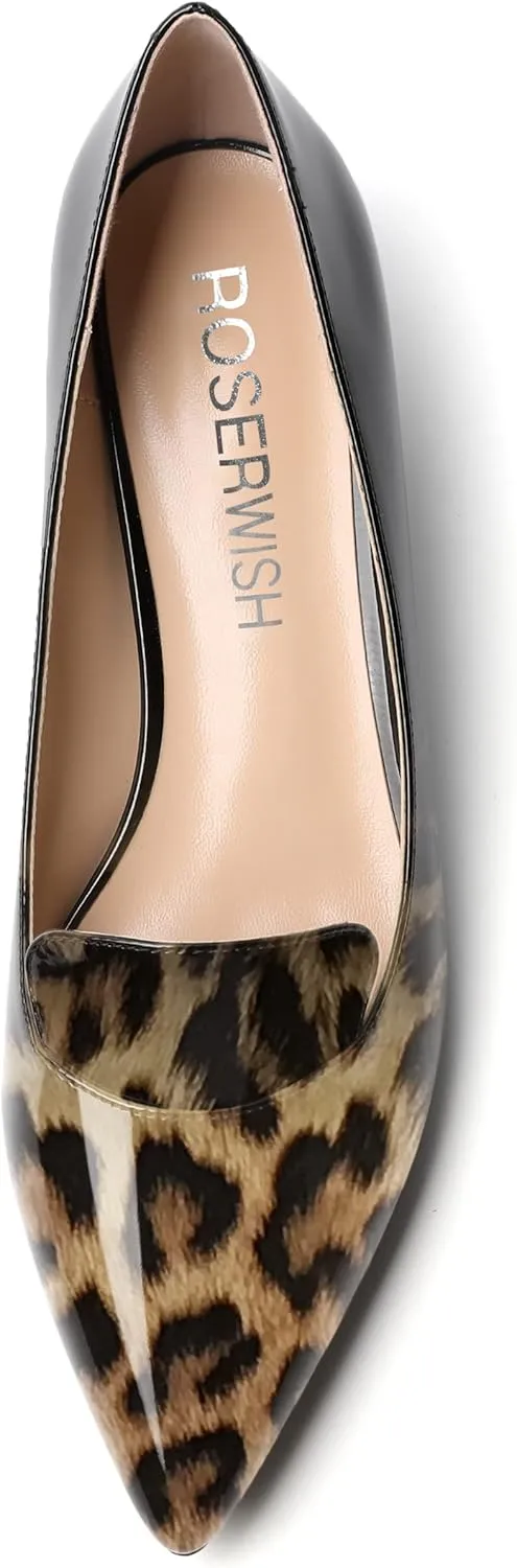 ROSERWISH Womens Office Slip On Pointed Toe Patent Casual Work Kitten Low Heel Pumps Dress Shoes 1.5 Inch