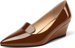 ROSERWISH Womens Patent Comfortable Casual Slip On Office Pointed Toe Wedge Low Heel Pumps Dress Shoes 2 Inch