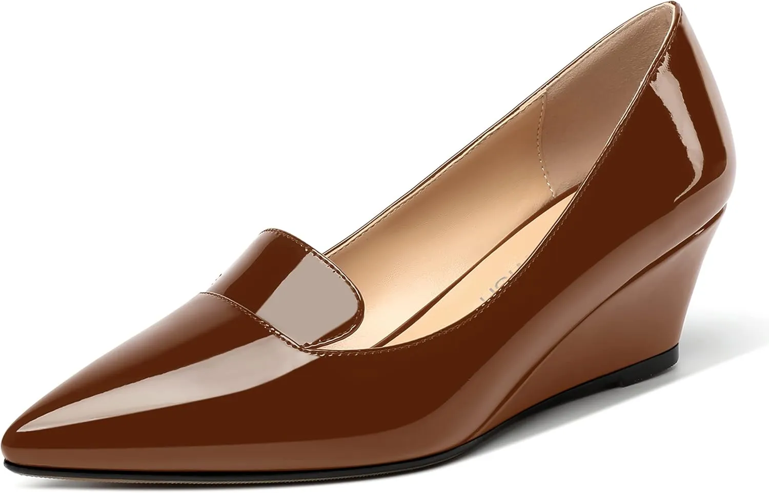 ROSERWISH Womens Patent Comfortable Casual Slip On Office Pointed Toe Wedge Low Heel Pumps Dress Shoes 2 Inch